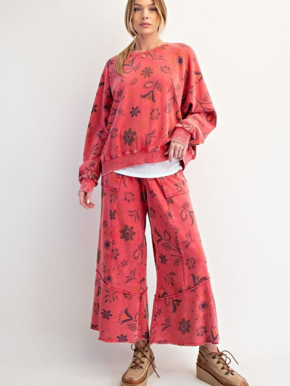 EASEL FLORAL PRINTED WASHED TERRY PANTS 100% COTTON